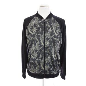 Topman Sz XL Men Full Zip Up Knit Bomber Jacket Paisley Scroll Print Black Gray